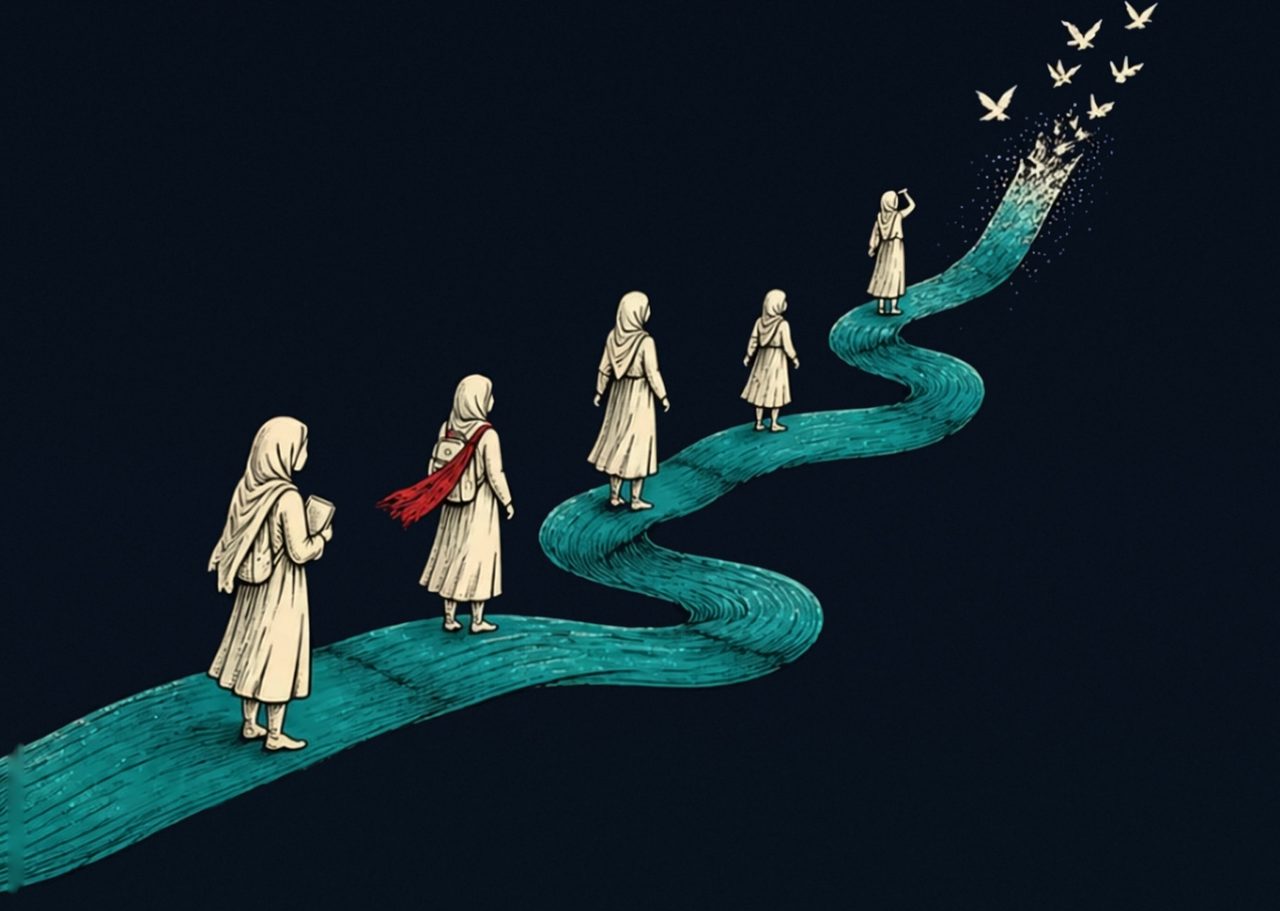 Illustration of Afghan girls walking along a turquoise ribbon that rises into the sky and turns into white birds.