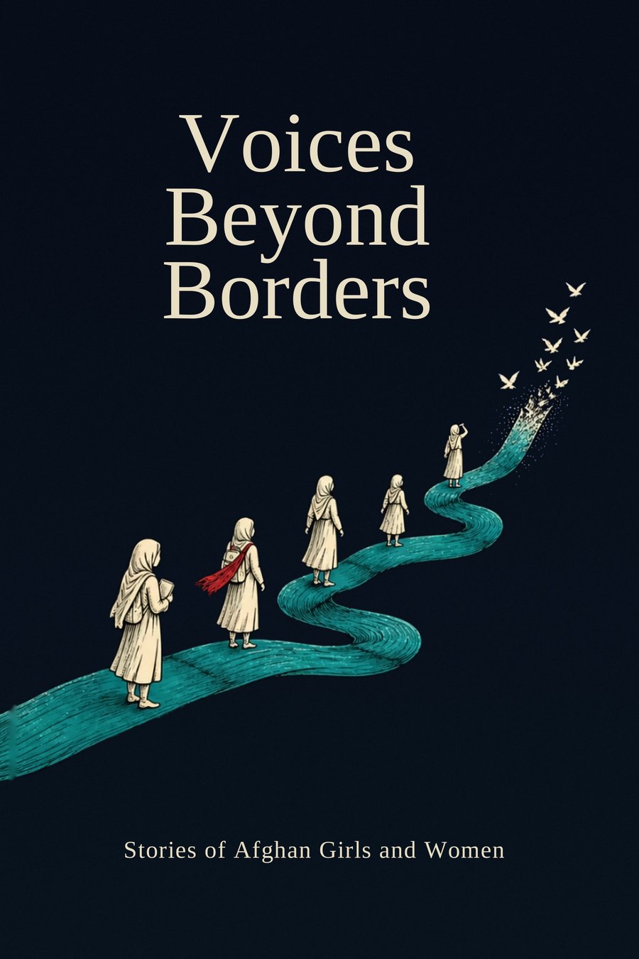 Cover of Voices Beyond Borders: Afghan girls in headscarves walk along a winding turquoise ribbon that rises into a dark sky and turns into white birds. Subtitle: Stories of Afghan Girls and Women.
